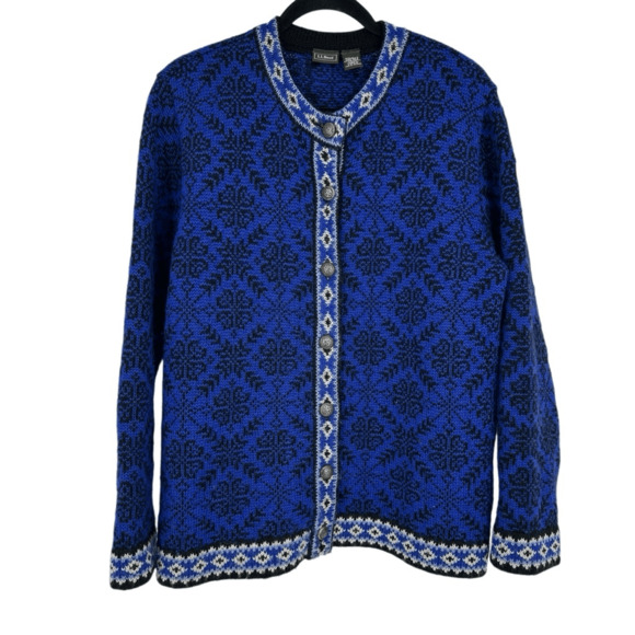 Vintage LL Bean Womens M Cardigan Sweater Wool Blue White Nordic Scandinavian - Picture 1 of 10